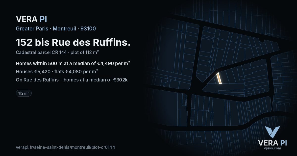 152 bis Rue des Ruffins, Montreuil at night – the plot lit, the parcels around coloured by the prices near them