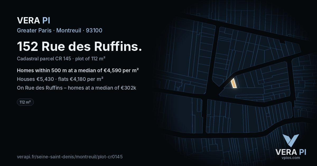 152 Rue des Ruffins, Montreuil at night – the plot lit, the parcels around coloured by the prices near them