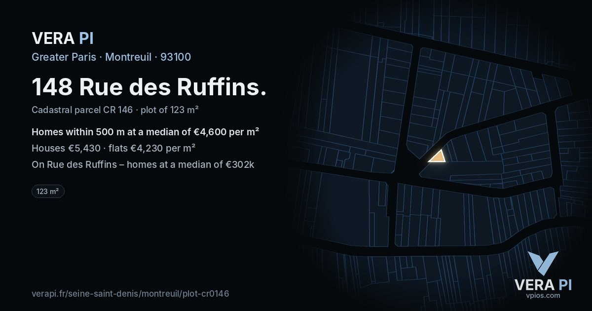 148 Rue des Ruffins, Montreuil at night – the plot lit, the parcels around coloured by the prices near them