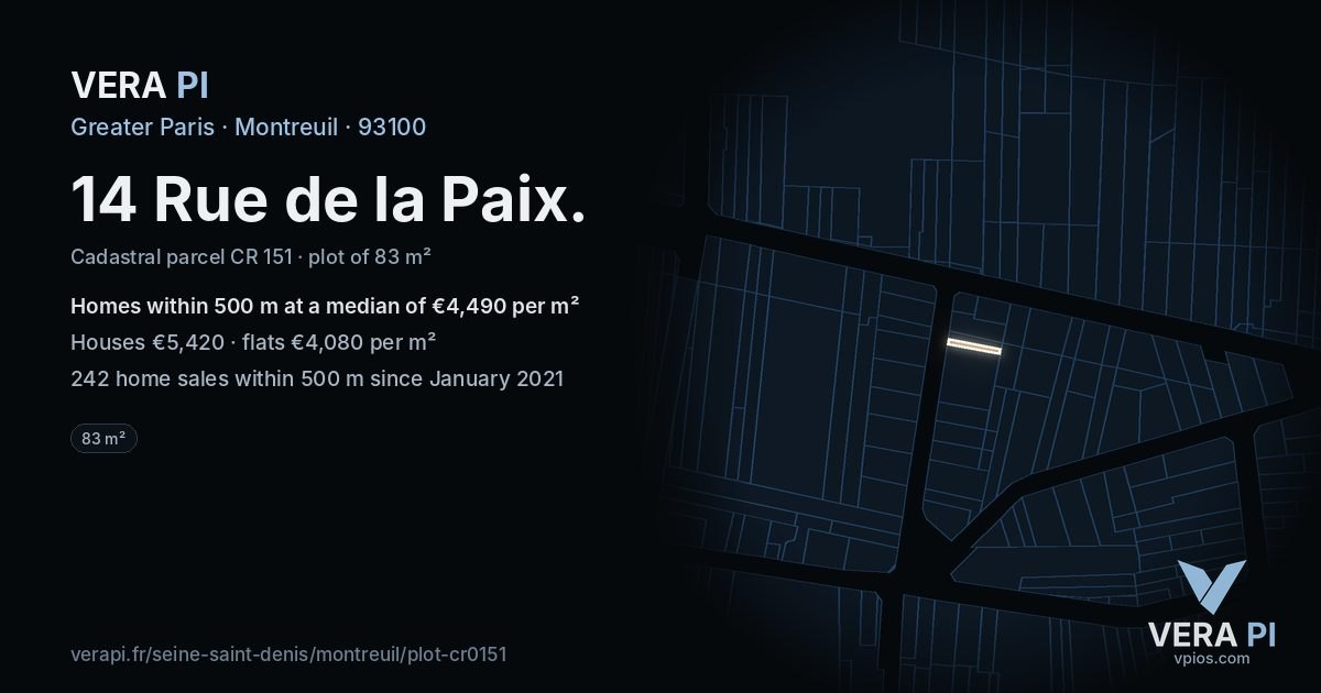 14 Rue de la Paix, Montreuil at night – the plot lit, the parcels around coloured by the prices near them