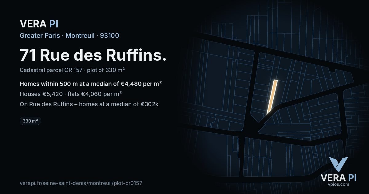 71 Rue des Ruffins, Montreuil at night – the plot lit, the parcels around coloured by the prices near them