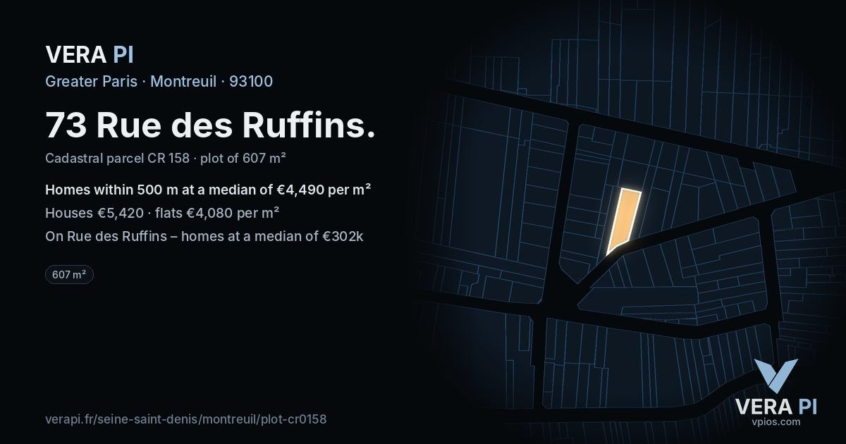 73 Rue des Ruffins, Montreuil at night – the plot lit, the parcels around coloured by the prices near them
