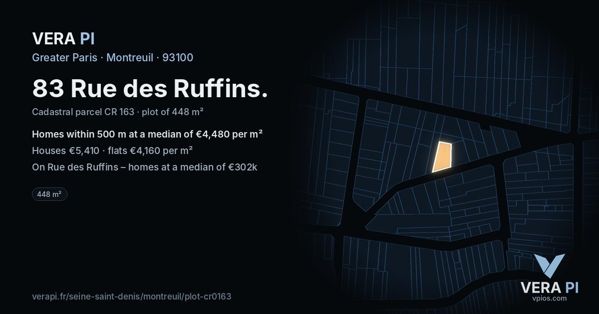 83 Rue des Ruffins, Montreuil at night – the plot lit, the parcels around coloured by the prices near them