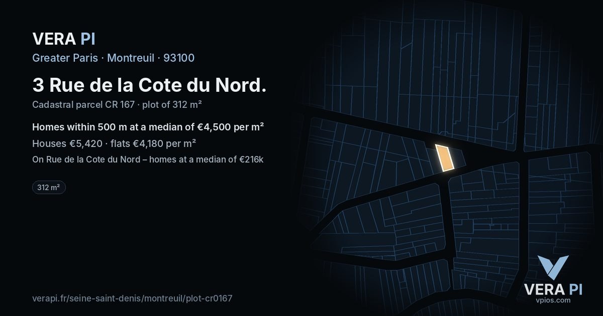 3 Rue de la Cote du Nord, Montreuil at night – the plot lit, the parcels around coloured by the prices near them