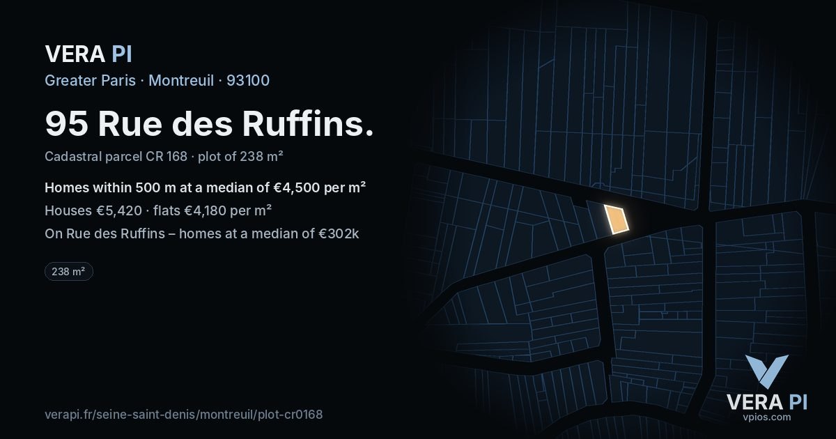 95 Rue des Ruffins, Montreuil at night – the plot lit, the parcels around coloured by the prices near them
