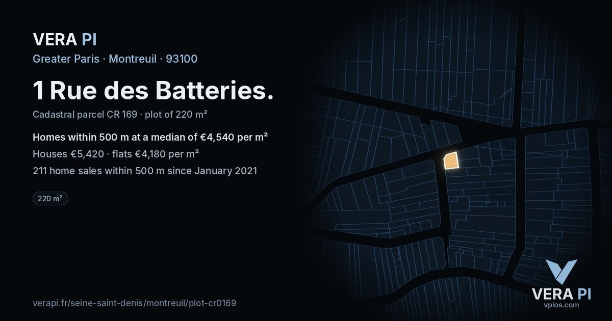 1 Rue des Batteries, Montreuil at night – the plot lit, the parcels around coloured by the prices near them