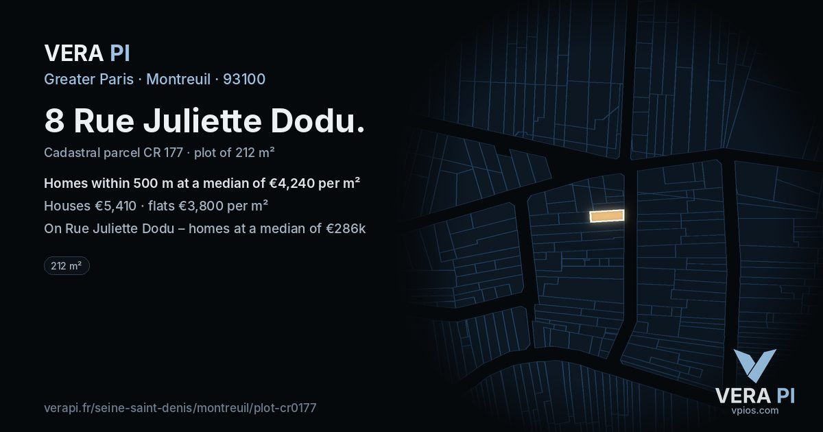 8 Rue Juliette Dodu, Montreuil at night – the plot lit, the parcels around coloured by the prices near them