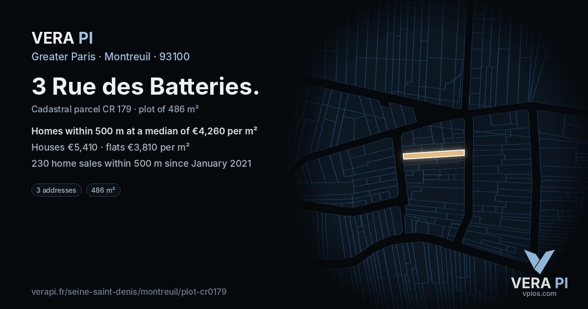 3 Rue des Batteries, Montreuil at night – the plot lit, the parcels around coloured by the prices near them
