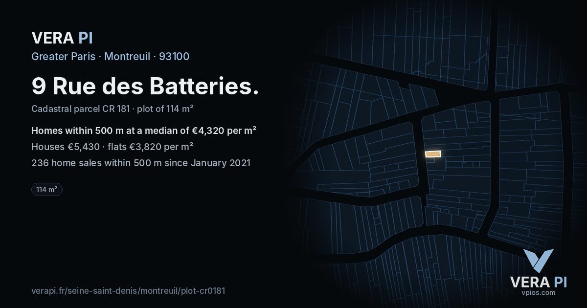 9 Rue des Batteries, Montreuil at night – the plot lit, the parcels around coloured by the prices near them
