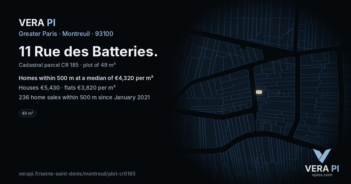 11 Rue des Batteries, Montreuil at night – the plot lit, the parcels around coloured by the prices near them