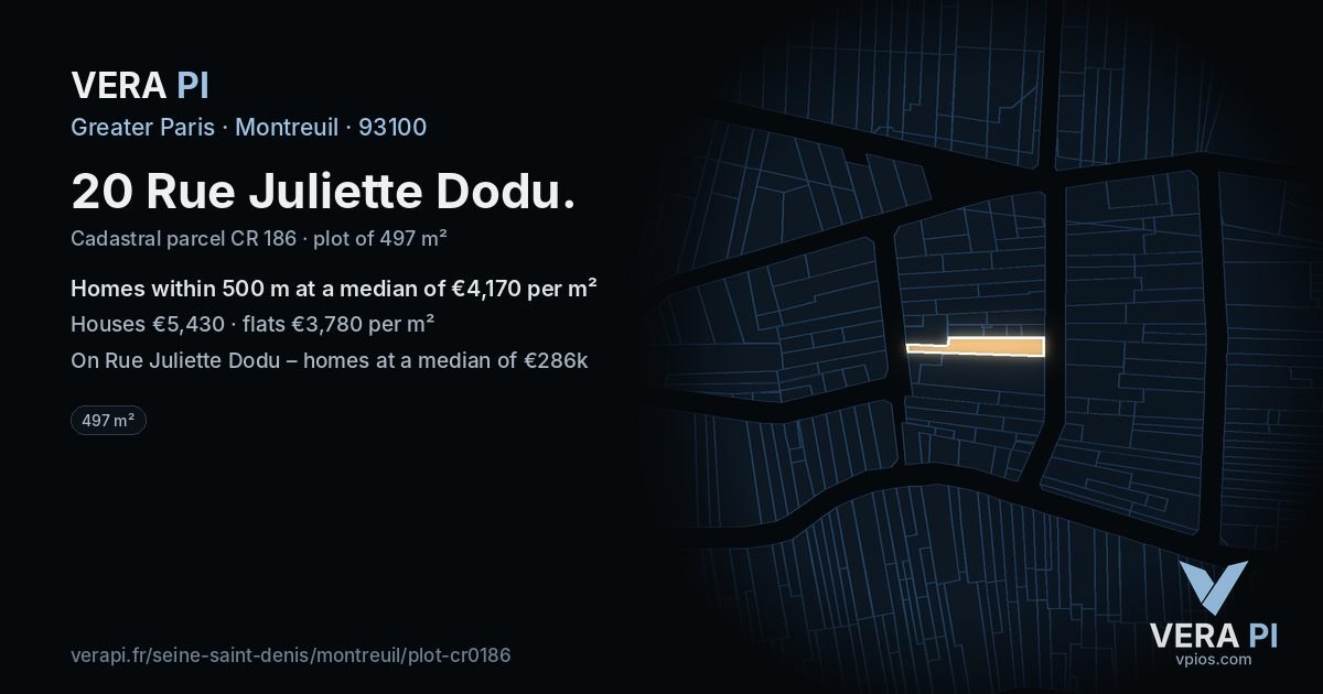 20 Rue Juliette Dodu, Montreuil at night – the plot lit, the parcels around coloured by the prices near them