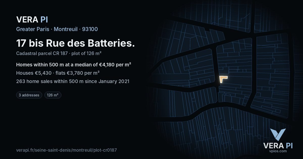 17 bis Rue des Batteries, Montreuil at night – the plot lit, the parcels around coloured by the prices near them