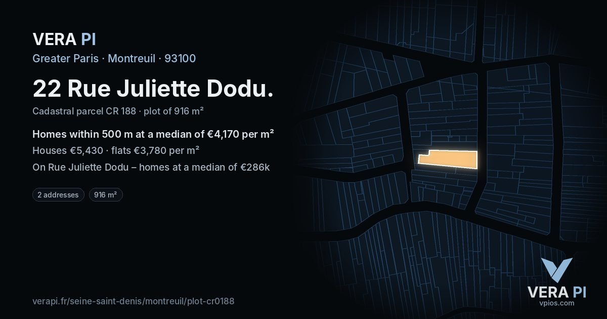 22 Rue Juliette Dodu, Montreuil at night – the plot lit, the parcels around coloured by the prices near them