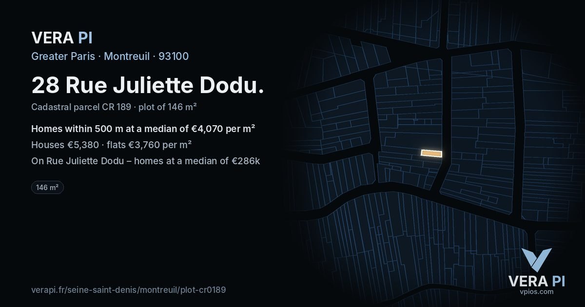 28 Rue Juliette Dodu, Montreuil at night – the plot lit, the parcels around coloured by the prices near them