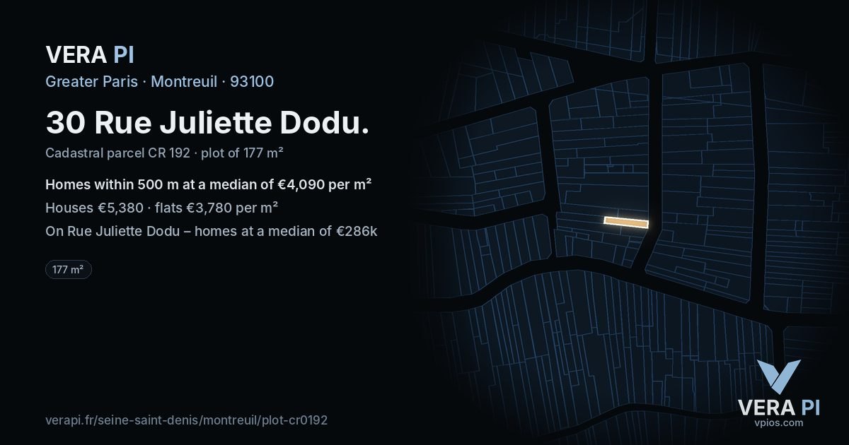 30 Rue Juliette Dodu, Montreuil at night – the plot lit, the parcels around coloured by the prices near them