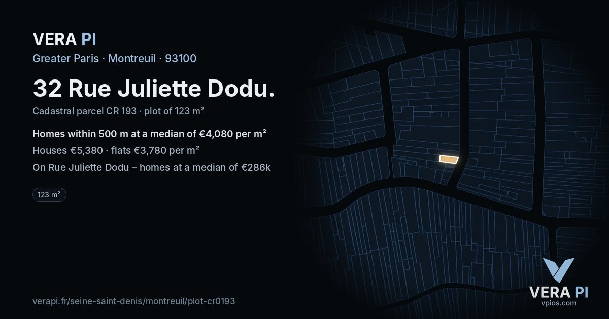 32 Rue Juliette Dodu, Montreuil at night – the plot lit, the parcels around coloured by the prices near them