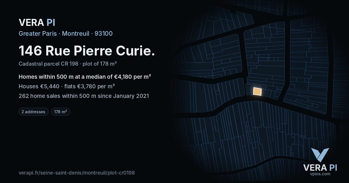 146 Rue Pierre Curie, Montreuil at night – the plot lit, the parcels around coloured by the prices near them