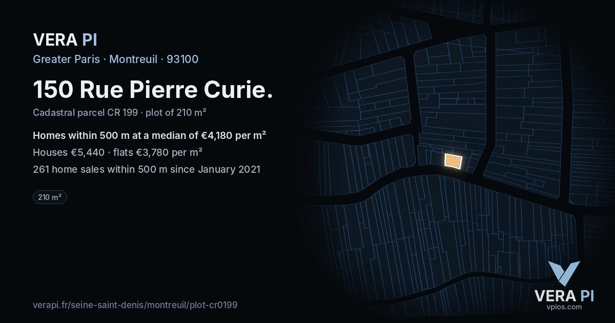 150 Rue Pierre Curie, Montreuil at night – the plot lit, the parcels around coloured by the prices near them