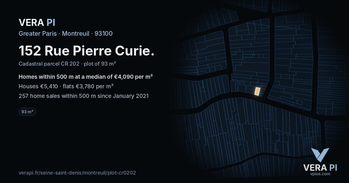 152 Rue Pierre Curie, Montreuil at night – the plot lit, the parcels around coloured by the prices near them