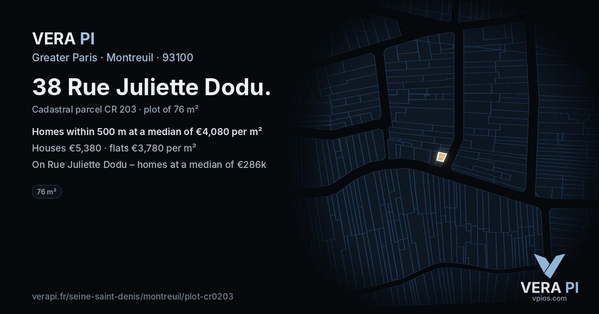 38 Rue Juliette Dodu, Montreuil at night – the plot lit, the parcels around coloured by the prices near them