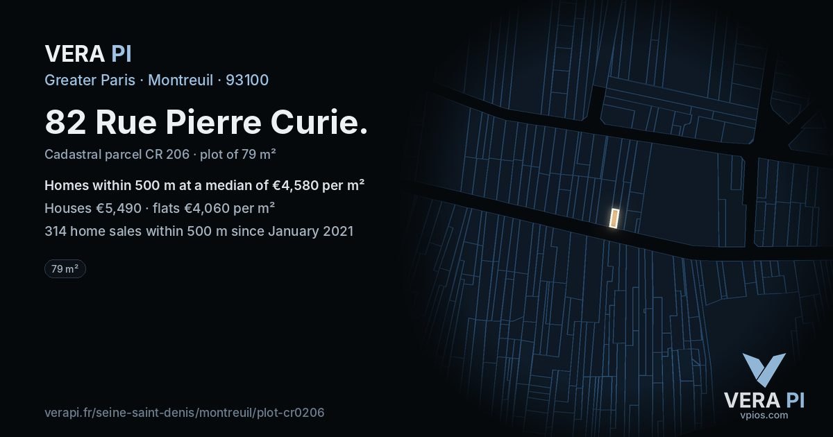 82 Rue Pierre Curie, Montreuil at night – the plot lit, the parcels around coloured by the prices near them