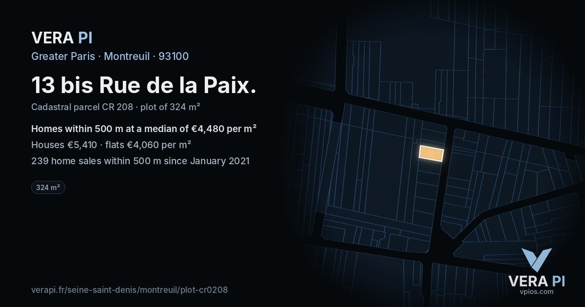 13 bis Rue de la Paix, Montreuil at night – the plot lit, the parcels around coloured by the prices near them