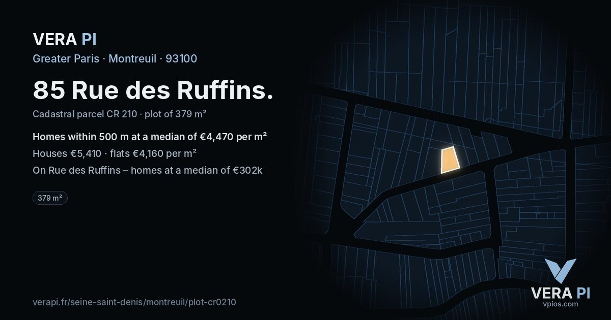 85 Rue des Ruffins, Montreuil at night – the plot lit, the parcels around coloured by the prices near them