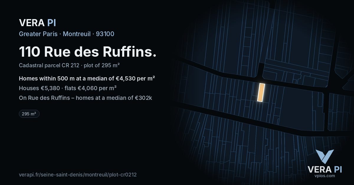 110 Rue des Ruffins, Montreuil at night – the plot lit, the parcels around coloured by the prices near them
