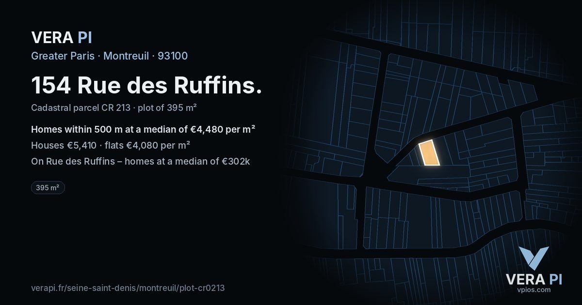154 Rue des Ruffins, Montreuil at night – the plot lit, the parcels around coloured by the prices near them