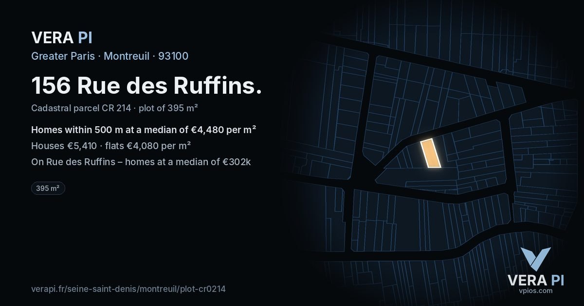 156 Rue des Ruffins, Montreuil at night – the plot lit, the parcels around coloured by the prices near them