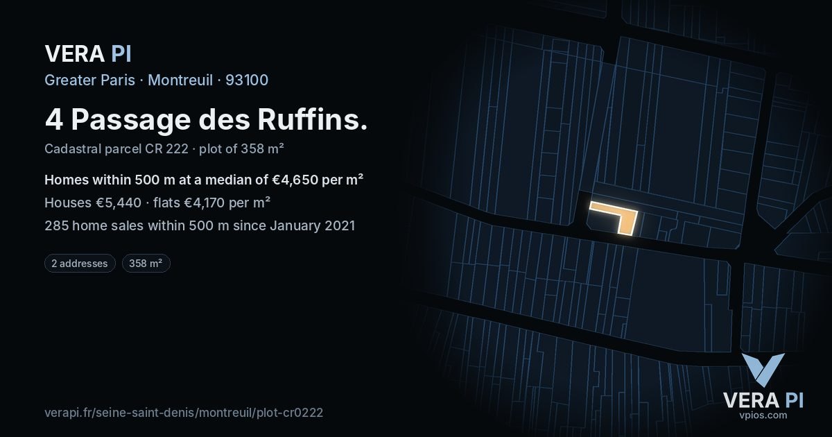 4 Passage des Ruffins, Montreuil at night – the plot lit, the parcels around coloured by the prices near them