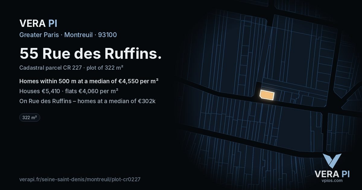 55 Rue des Ruffins, Montreuil at night – the plot lit, the parcels around coloured by the prices near them