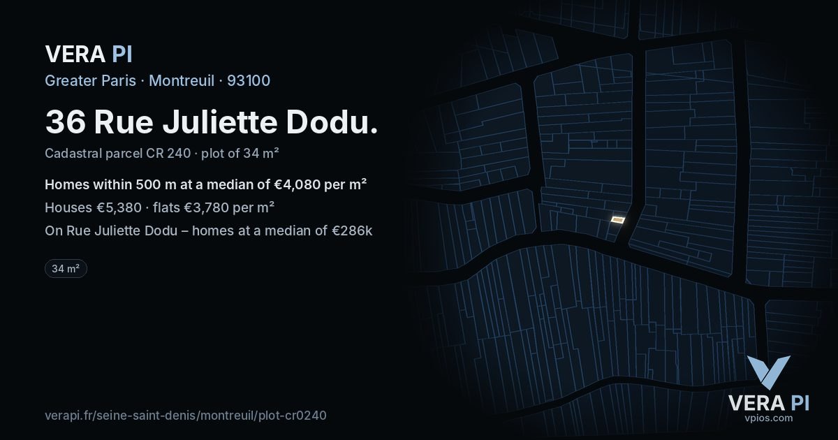 36 Rue Juliette Dodu, Montreuil at night – the plot lit, the parcels around coloured by the prices near them