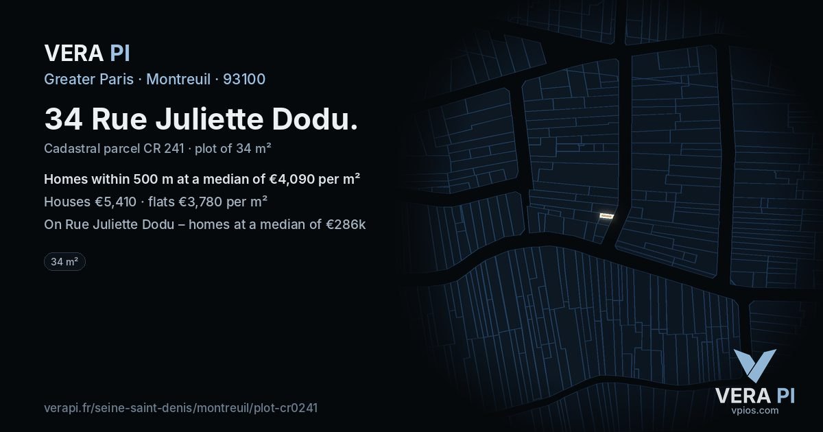 34 Rue Juliette Dodu, Montreuil at night – the plot lit, the parcels around coloured by the prices near them