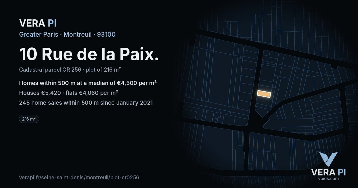 10 Rue de la Paix, Montreuil at night – the plot lit, the parcels around coloured by the prices near them