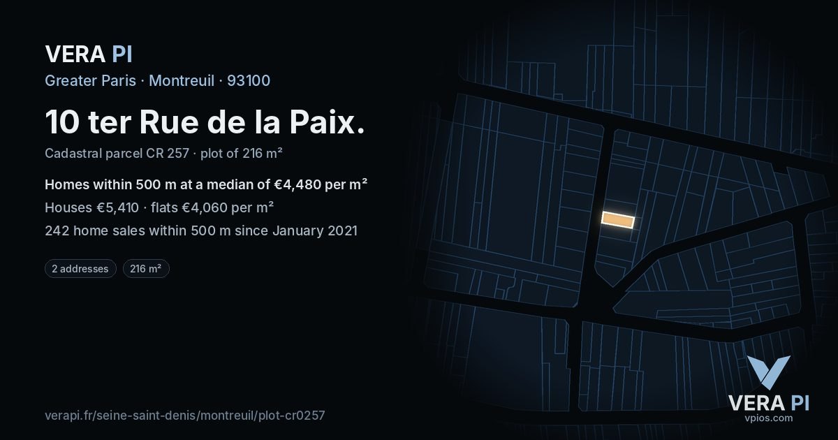 10 ter Rue de la Paix, Montreuil at night – the plot lit, the parcels around coloured by the prices near them
