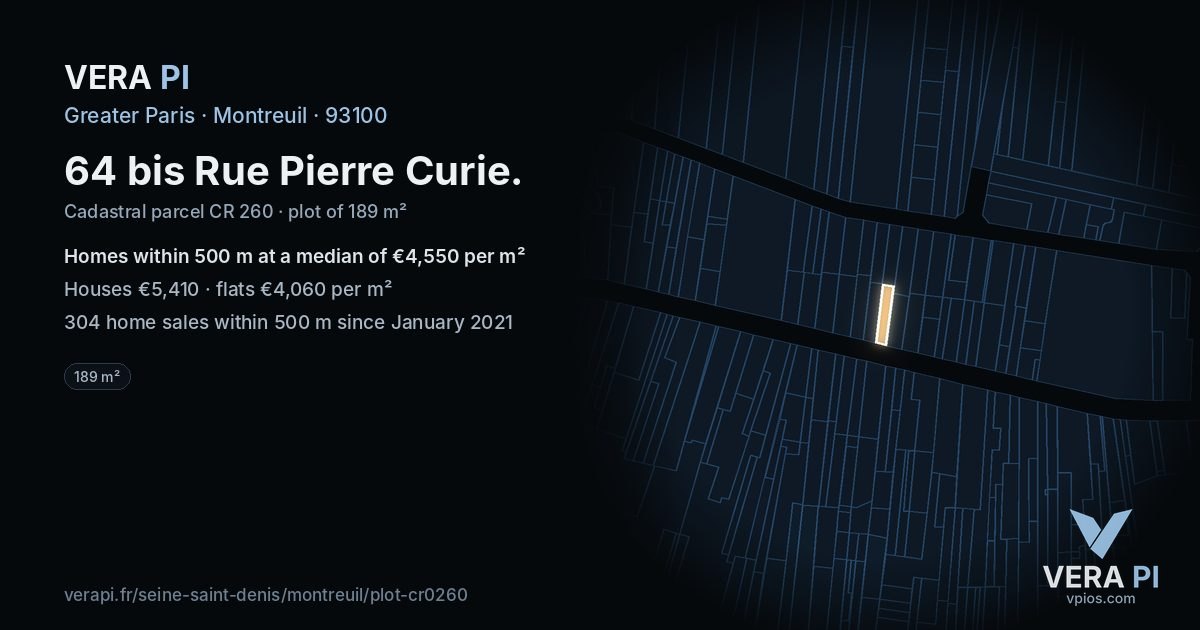 64 bis Rue Pierre Curie, Montreuil at night – the plot lit, the parcels around coloured by the prices near them