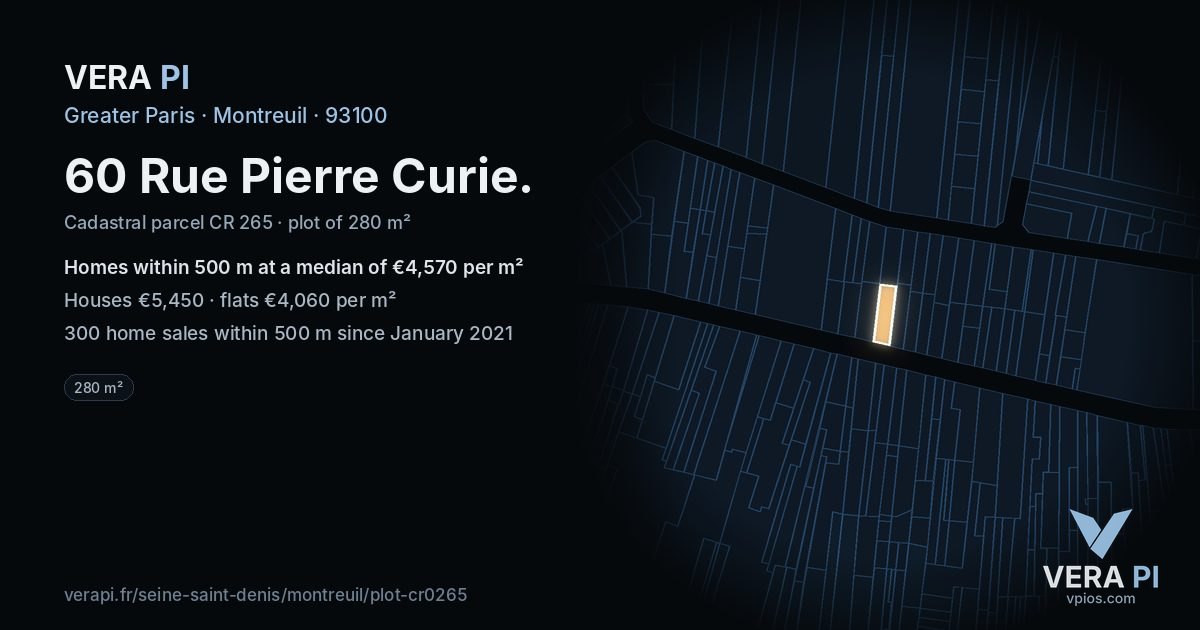 60 Rue Pierre Curie, Montreuil at night – the plot lit, the parcels around coloured by the prices near them