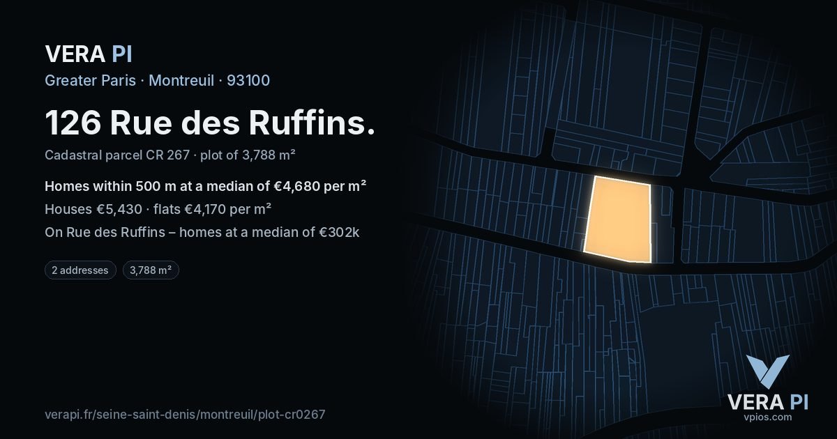 126 Rue des Ruffins, Montreuil at night – the plot lit, the parcels around coloured by the prices near them