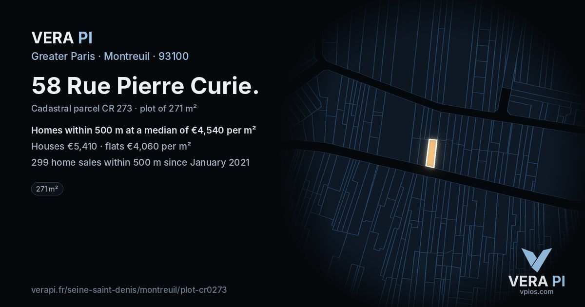 58 Rue Pierre Curie, Montreuil at night – the plot lit, the parcels around coloured by the prices near them