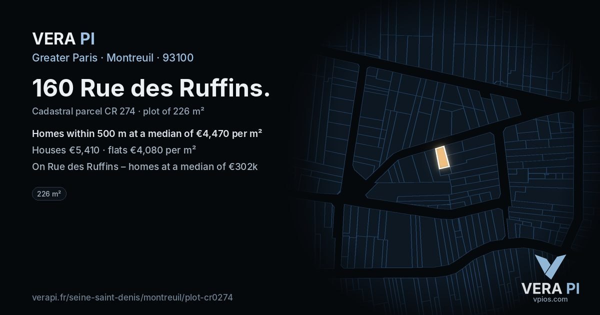 160 Rue des Ruffins, Montreuil at night – the plot lit, the parcels around coloured by the prices near them