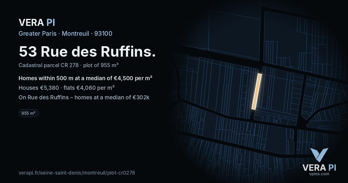 53 Rue des Ruffins, Montreuil at night – the plot lit, the parcels around coloured by the prices near them