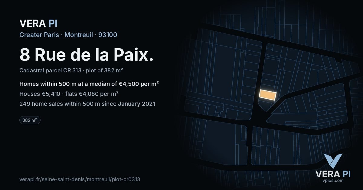 8 Rue de la Paix, Montreuil at night – the plot lit, the parcels around coloured by the prices near them