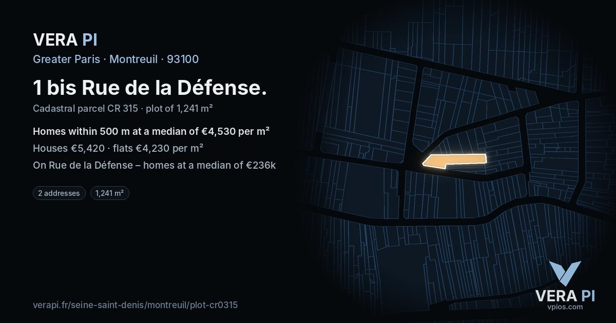1 bis Rue de la Défense, Montreuil at night – the plot lit, the parcels around coloured by the prices near them