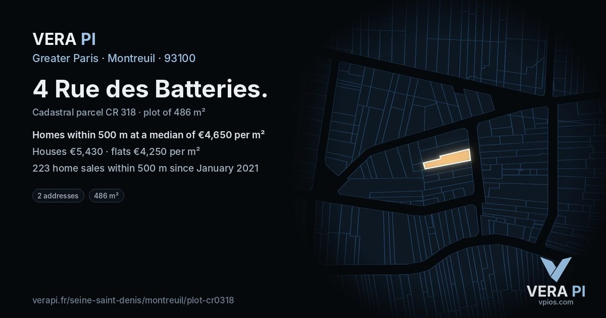 4 Rue des Batteries, Montreuil at night – the plot lit, the parcels around coloured by the prices near them
