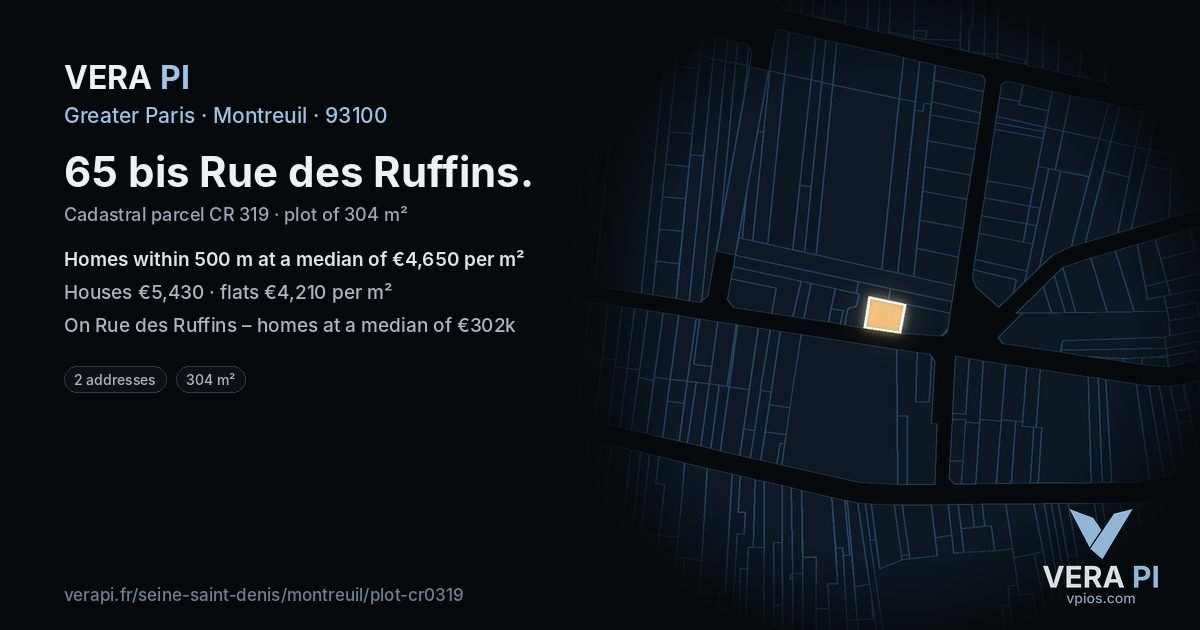 65 bis Rue des Ruffins, Montreuil at night – the plot lit, the parcels around coloured by the prices near them