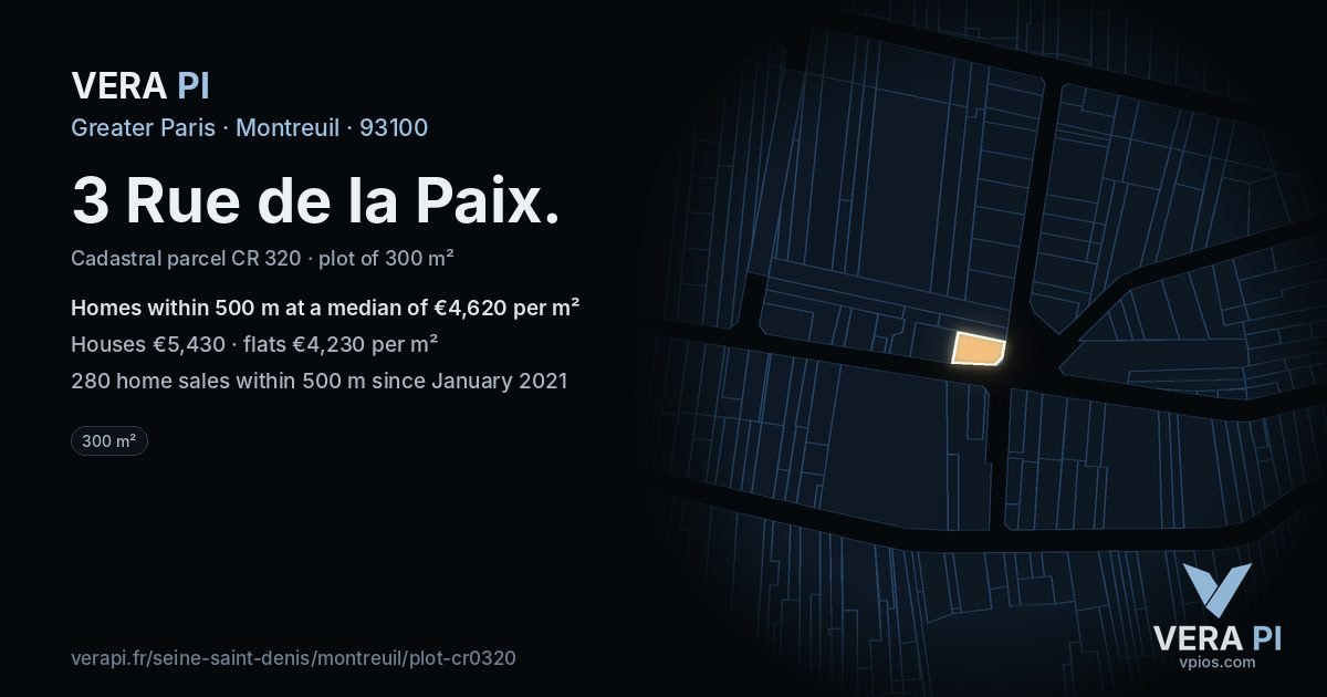 3 Rue de la Paix, Montreuil at night – the plot lit, the parcels around coloured by the prices near them