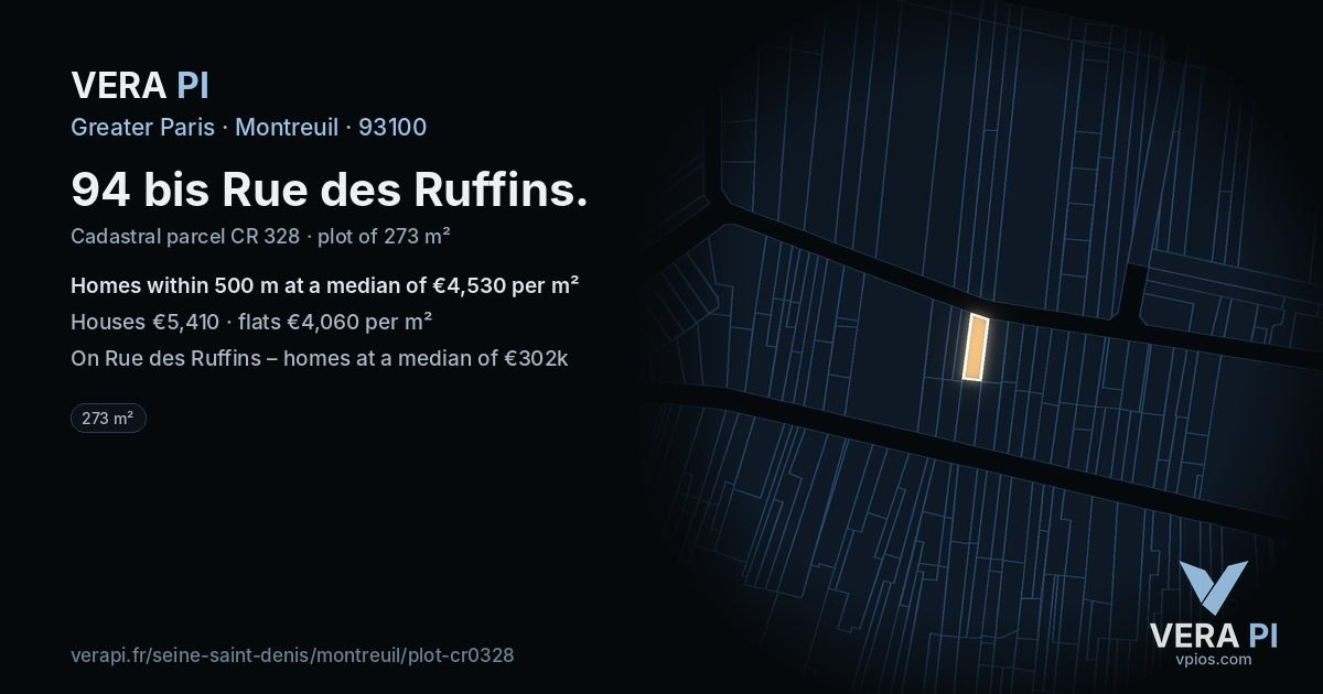 94 bis Rue des Ruffins, Montreuil at night – the plot lit, the parcels around coloured by the prices near them