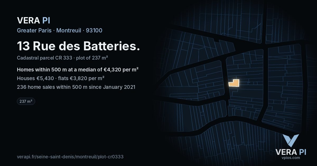 13 Rue des Batteries, Montreuil at night – the plot lit, the parcels around coloured by the prices near them