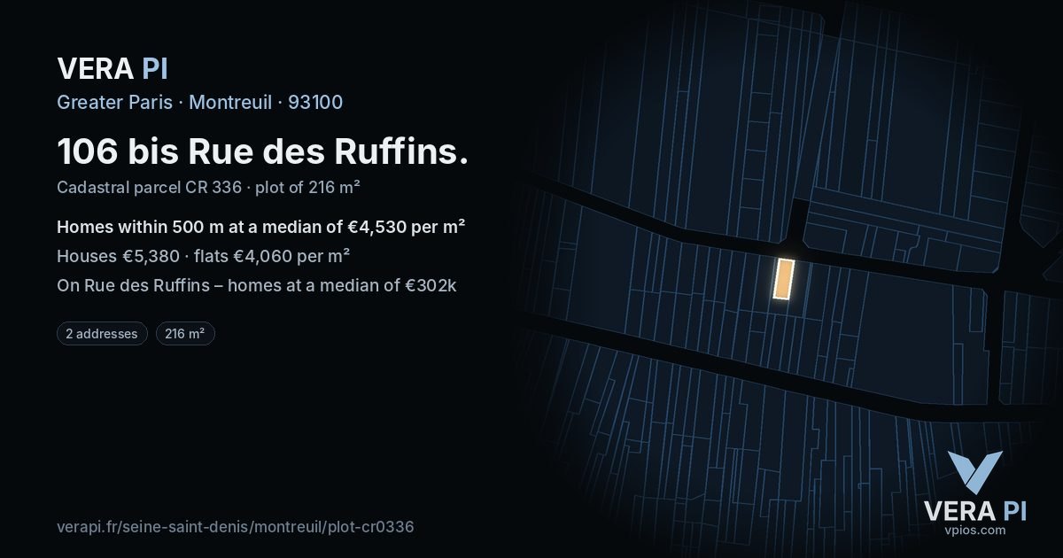 106 bis Rue des Ruffins, Montreuil at night – the plot lit, the parcels around coloured by the prices near them